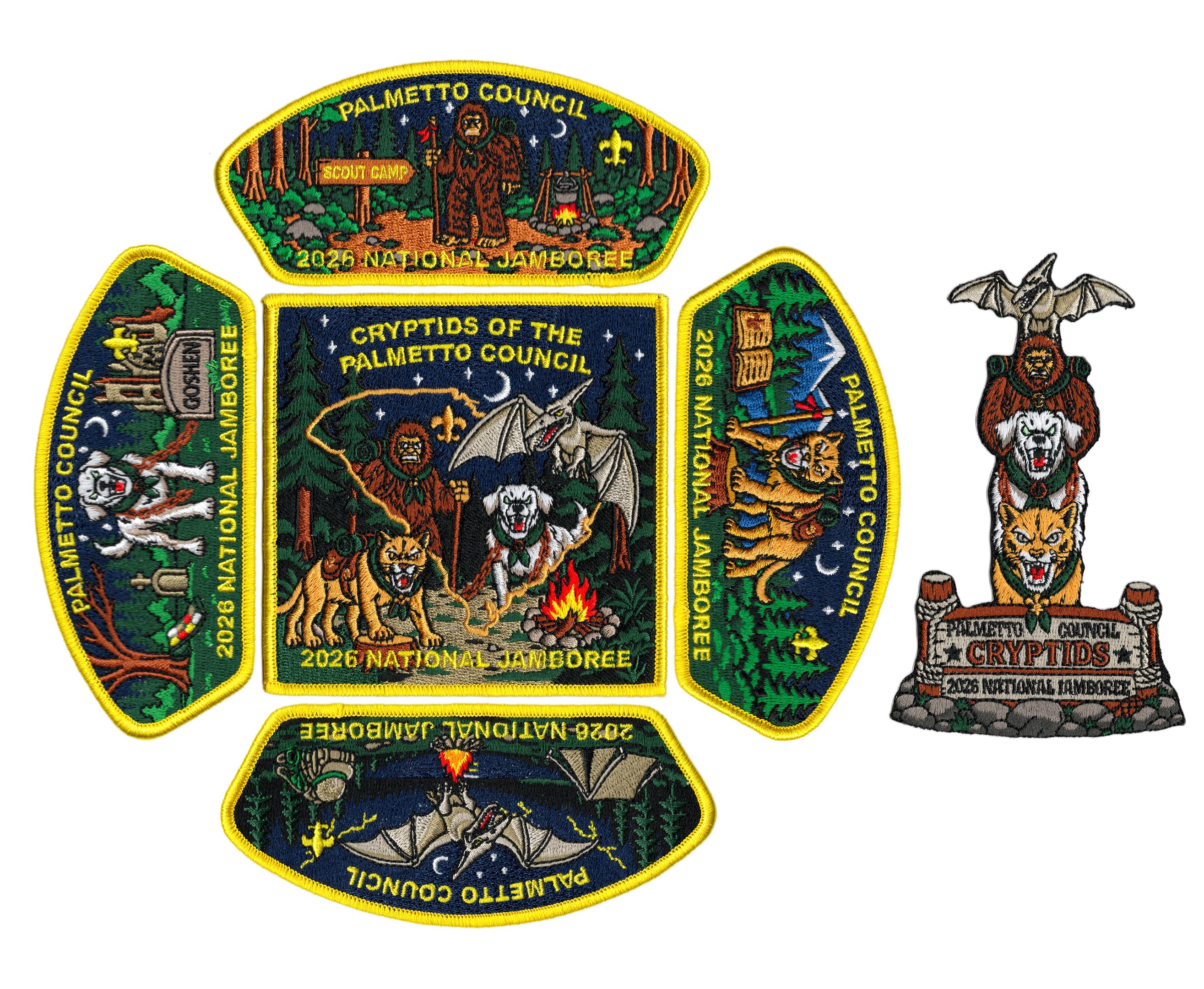 Coordinated Scouting America patch collection with multiple shapes