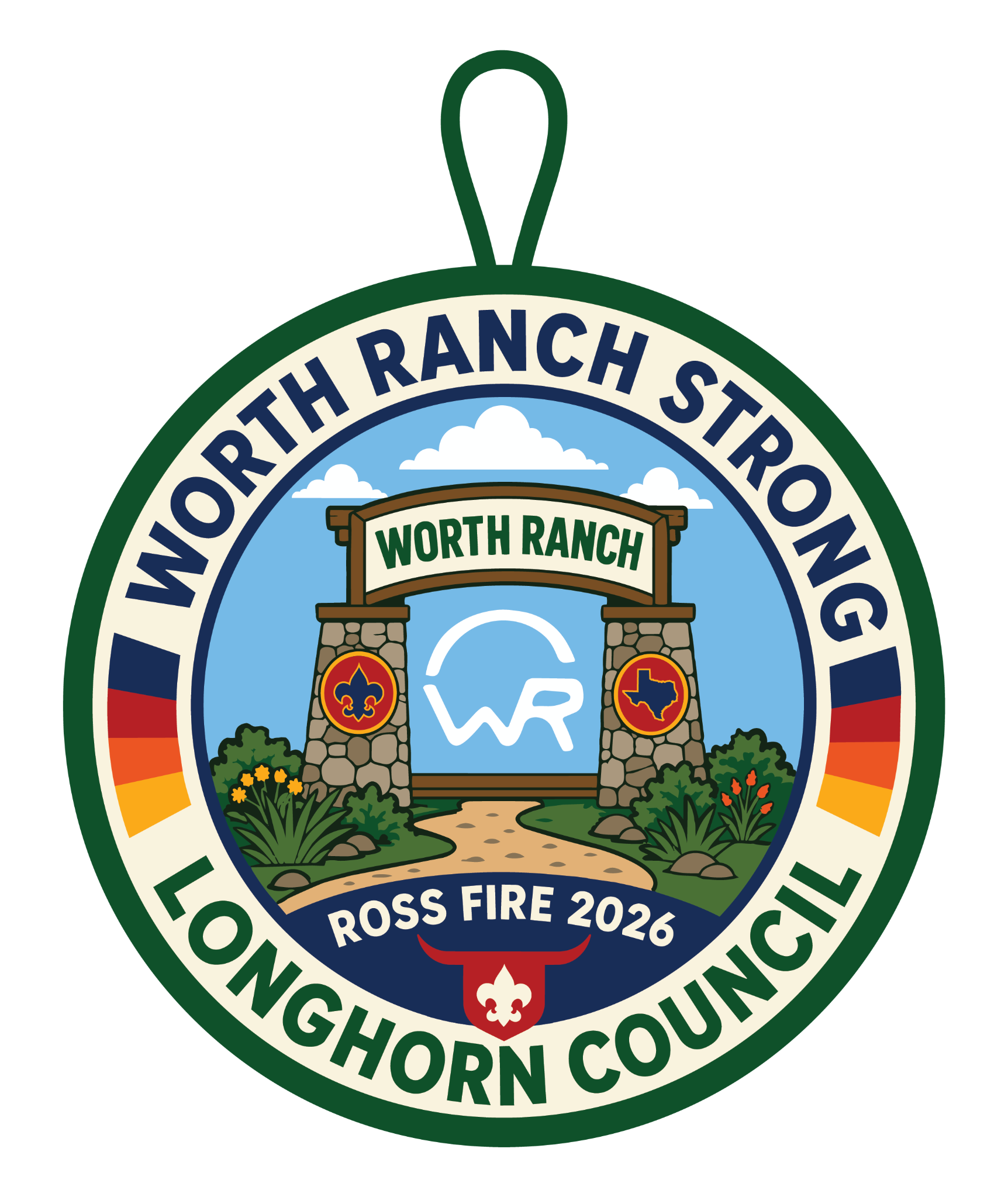 Worth Ranch Strong patch design featuring the camp entrance, WR brand, and Longhorn Council